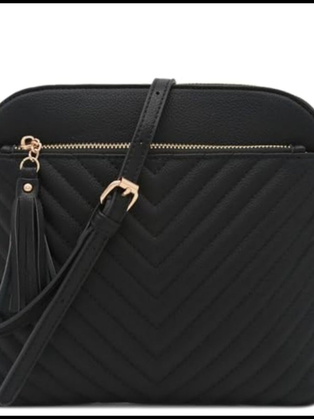 Chevron Quilted Medium Crossbody Bag with Tassel Accent – Faux Leather,